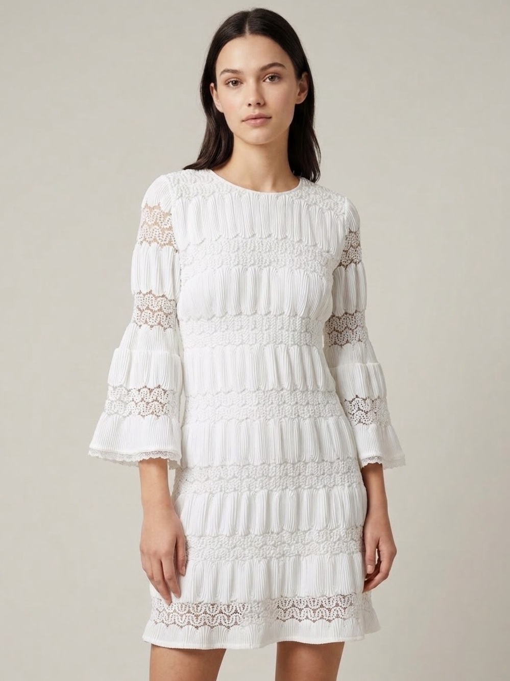 New York & Company White Pleated Crochet Lace Bell Sleeve Mini Dress XS